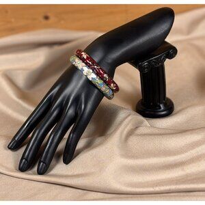 Jin Long Xing Vintage Red & Blue Enamel Floral Bangle Bracelet A1